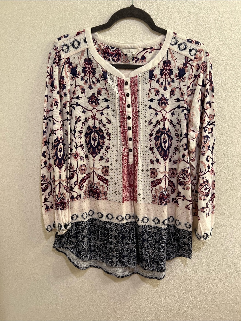 Lucky Brand Floral Henley Top Large Boho Blouse